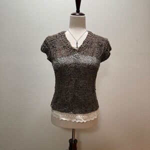 Vintage Leather Handknit Woven Textured Rustic Earthy Boho Festival Top Small